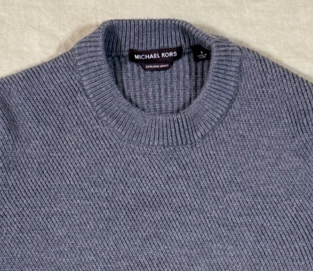 Michael Kors Merino Wool Crewneck Sweater Gray Ribbed Classic Minimalist Luxury